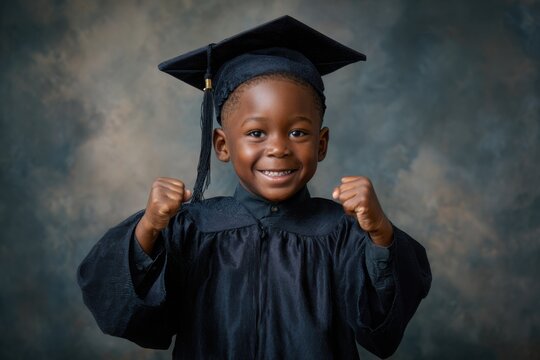 Jubilant young boy proudly celebrating his graduation in a black cap and gown with a bright smile and triumphant pose, captured in a studio setting during a joyful moment