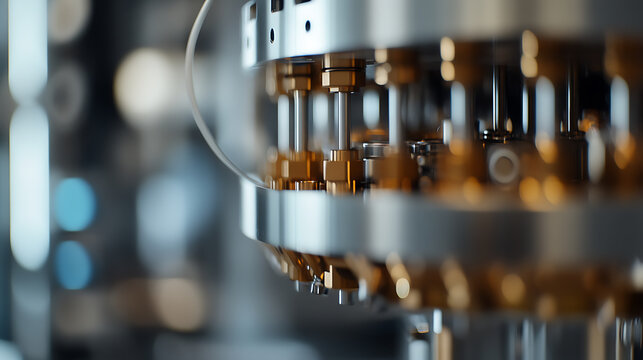 Close-up abstract shot of a complex, layered mechanical structure with metallic and golden components. The background is blurred, emphasizing depth and detail. Precision engineering.