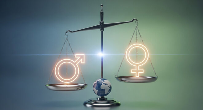 Gender equality balance concept, male and female symbols on scales, equal rights and opportunities