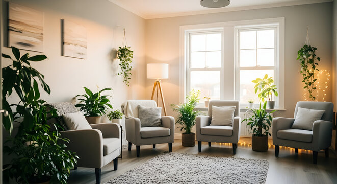 Bright therapy room with cozy chairs plants and soft lighting promoting calm and comfort 50017353 1