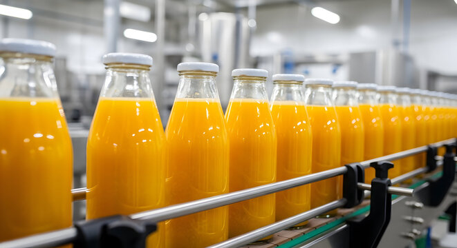 Bottles of fresh squeezed orange juice on a production line convey purity and freshness 82371377 1