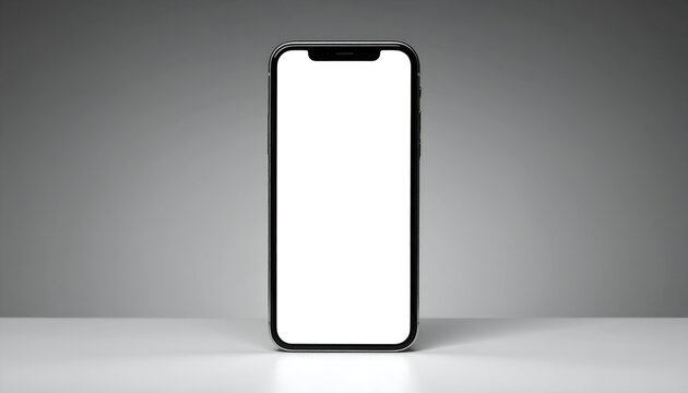A smartphone with a blank white screen sits centered on a white surface with a gray background
