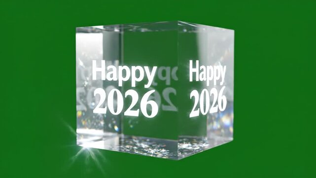 Sparkling clear cube with 'Happy 2026' illuminated in white, symbolizing new beginnings and prosperity