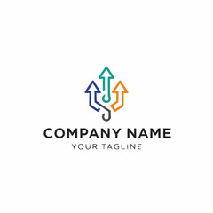 Abstract logo design featuring three interconnected arrows pointing upwards in different colors.