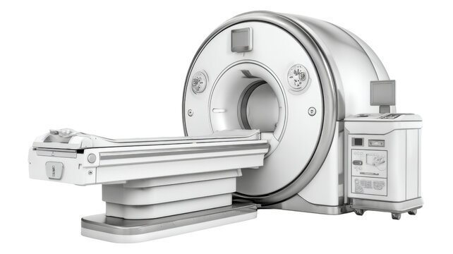 Modern MRI scanner medical imaging machine used in hospital diagnostic technology for advanced healthcare treatment and patient examination on white background