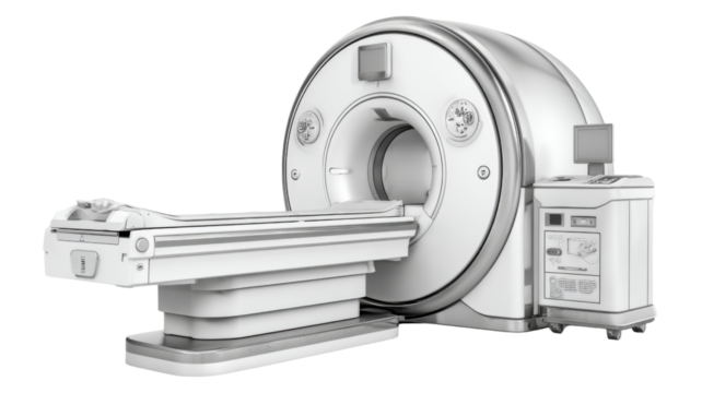 Modern MRI scanner medical imaging machine used in hospital diagnostic technology for advanced healthcare treatment and patient examination on white background