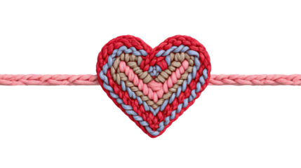 Colorful knitted heart made from yarn threads symbolizing love care handmade art and craft design for valentine concept on white background