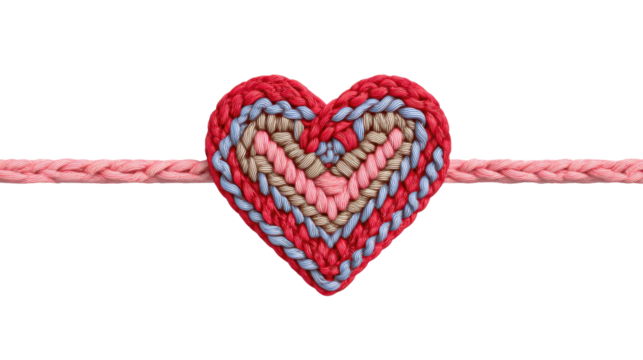 Colorful knitted heart made from yarn threads symbolizing love care handmade art and craft design for valentine concept on white background