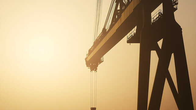 Monochromatic shot featuring a large industrial crane silhouetted against a bright, sunlit background, highlighting themes of industry, construction, and the power of machinery.