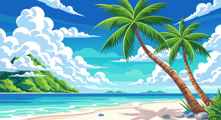 A serene tropical beach with swaying palm trees under a vibrant blue sky with fluffy clouds, overlooking a calm ocean and a distant green island