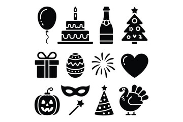 Holiday & Celebration Silhouette Icon Set Party, Birthday, Christmas, New Year, Halloween, Thanksgiving, Heart, Mask, Firework, Pumpkin, Gift, Turkey Black Vector