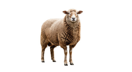 Fototapeta premium A pristine, healthy domestic sheep with shaggy light brown fleece stands calmly, looking at camera, full-body on brilliant white studio background with copy space, concept of purity and sustainability