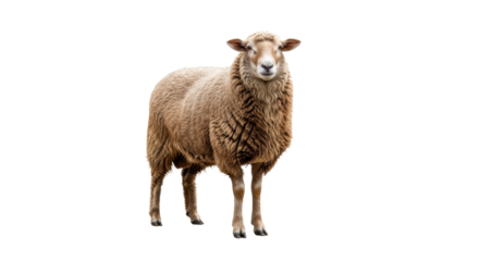 A pristine, healthy domestic sheep with shaggy light brown fleece stands calmly, looking at camera, full-body on brilliant white studio background with copy space, concept of purity and sustainability