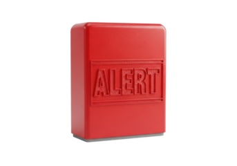 Vibrant red rectangular rubber stamp with embossed "ALERT" text, distressed texture, on a transparent seamless surface, isolated clean background, concept of urgency and warning.