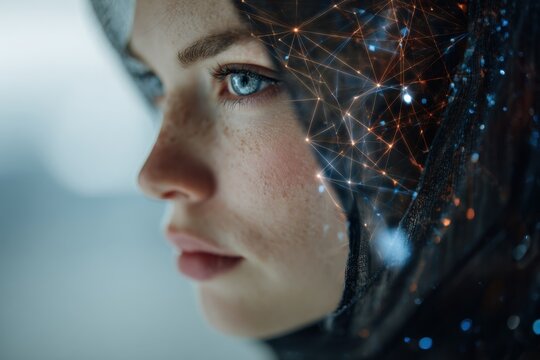 Futuristic young woman innovator engages in digital workspace filled with technology and creativity in a modern setting