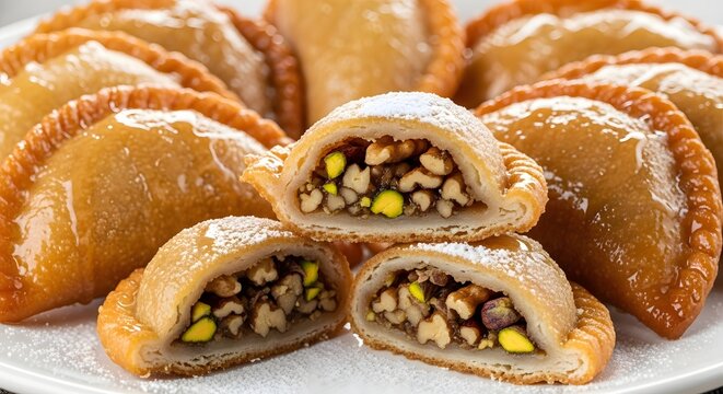 A plate of golden-brown, half-moon Qatayef pancakes stuffed with sweet cheese and walnuts, fried and floating in light sugar syrup with pistachio and cinnamon.

