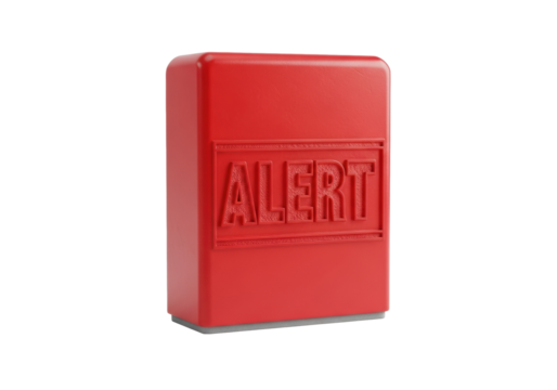 Vibrant red rectangular rubber stamp with embossed "ALERT" text, distressed texture, on a transparent seamless surface, isolated clean background, concept of urgency and warning. - Powered by Adobe