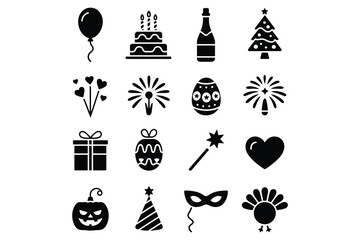 Holiday & Celebration Icon Set Birthday, Christmas, New Year, Halloween, Party, Thanksgiving, Mask, Cake, Balloon, Heart, Pumpkin, Firework, Vector Silhouette