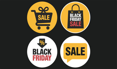 Obraz premium Four circular black friday sale themed illustrations sale, friday, black, shopping, discount, offer, promotion, retail, commerce, marketing, event, seasonal, holiday, cart, bag, percentage, 