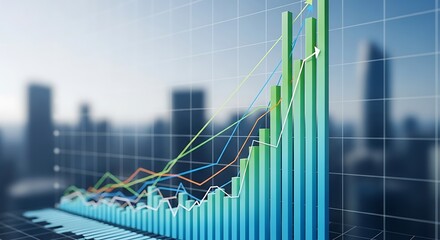 Financial growth chart with city skyline background symbolizing economic success