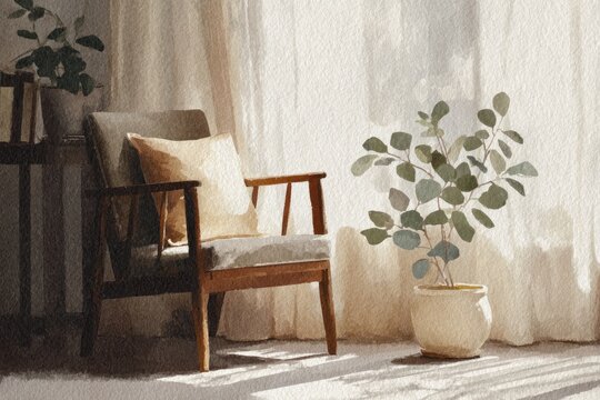 watercolor illustration of cozy reading corner with wooden chair, soft cushion, and potted plant, sunlight through curtain, minimal warm tones