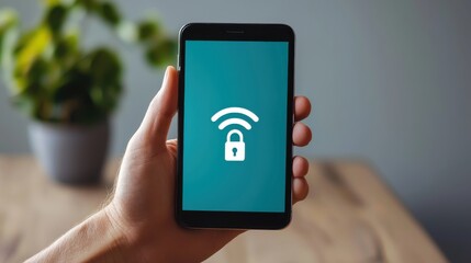 Hand Holding Smartphone Displaying Locked Wi-Fi Symbol on Screen with Indoor Plant in Background for Security and Privacy Concept