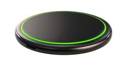 Modern black wireless charging pad with glowing green light ring representing advanced technology innovation and electronic gadget concept on white background