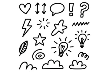 Hand Drawn Doodle Icon Set Heart, Up Down Arrow, Lightning, Cloud, Star, Lightbulb, Sun, Speech, Exclamation, Swirl Minimal Sketch Vector Collection