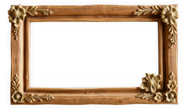 Ornate wooden picture frame with floral carvings and a rectangular white space.