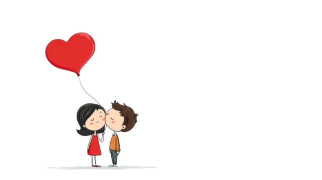 Cute cartoon couple illustration holding red heart balloon symbolizing love romance affection and valentine day celebration art concept on white background
 - Powered by Adobe