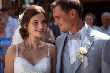 Celebration of love at a joyful wedding ceremony featuring a bride and groom in a beautiful outdoor setting surrounded by family and friends