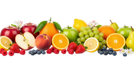 artfully arranged fresh diverse fruits and blossoms on a glossy white surface against a transparent background, concept of natural purity and wholesome well-being