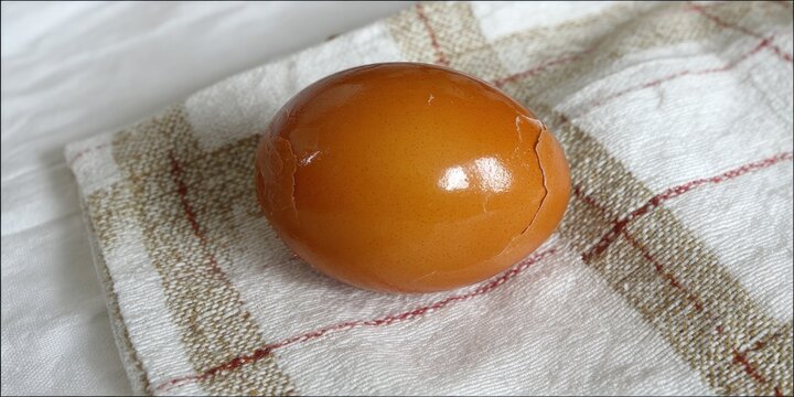 A cracked brown egg is placed on a cloth with a simple pattern, suggesting preparation for a meal in a kitchen - Powered by Adobe