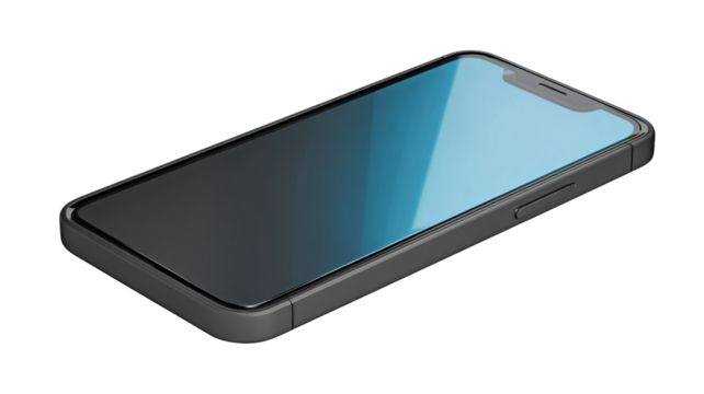 Modern black smartphone with reflective glass screen showing sleek design and mobile technology concept isolated for product presentation on white background