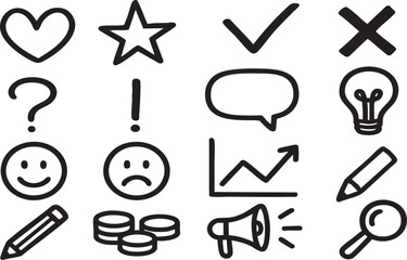 Hand-Drawn Doodle Icon Set: Communication, Business, Emotion, Idea & Feedback Symbols in Black and White Sketch Style