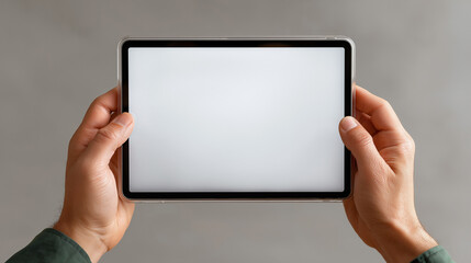 Tablet in Hands: Close-up shot of a person's hands holding a digital tablet, its blank screen ready for content, symbolizing modern communication and technology.
