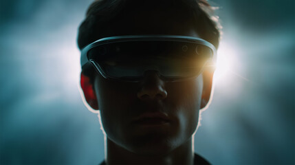 Futuristic Vision: A person embodying technology wears sleek glasses, emerging from a bright light, representing the concept of innovation and the merging of technology and humanity.
