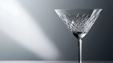 Elegant crystal martini glass, exquisitely crafted with a detailed diamond pattern, gracefully catches light, enhancing its sophisticated charm. Timeless elegance.