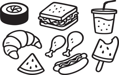 Black and White Doodle Food Icons: Fast Food, Snacks & Desserts Collection