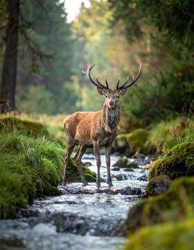 A majestic deer with impressive antlers stands in a flowing stream