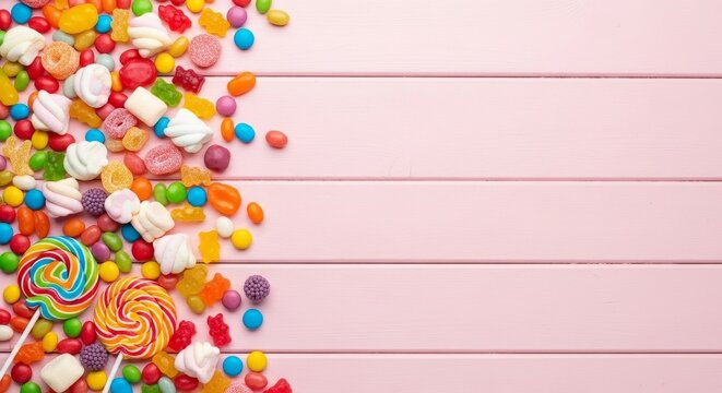 Vibrant assortment of colorful candies and lollipops scattered playfully on a pastel pink wooden background creating a delightful sweet treat celebration - Powered by Adobe