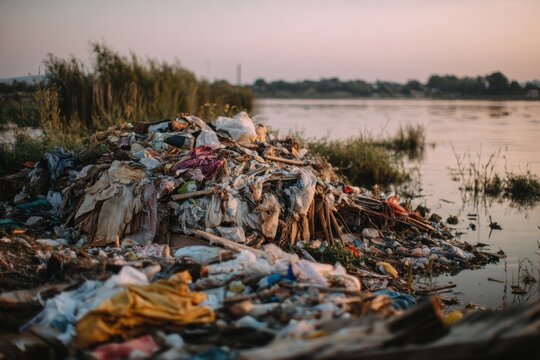 Pile of mixed waste near water at sunset highlighting the challenge of plastic and litter pollution