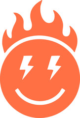 Energetic smiley face icon with lightning bolts and fiery aura ignites excitement and positive vibes for dynamic branding and energetic campaigns