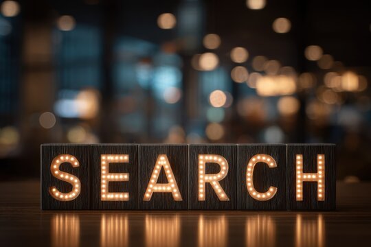 Bright search sign in a cozy interior with blurred lights, highlighting the importance of online visibility and engagement to enhance website traffic and social media interaction - Powered by Adobe