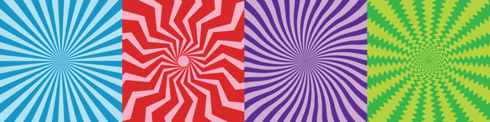 Colorful Sunburst Vector Background Set Retro Pop Art, Psychedelic Swirl & Spiral Optical Illusion Patterns, Abstract Radial Rays Collection for Design