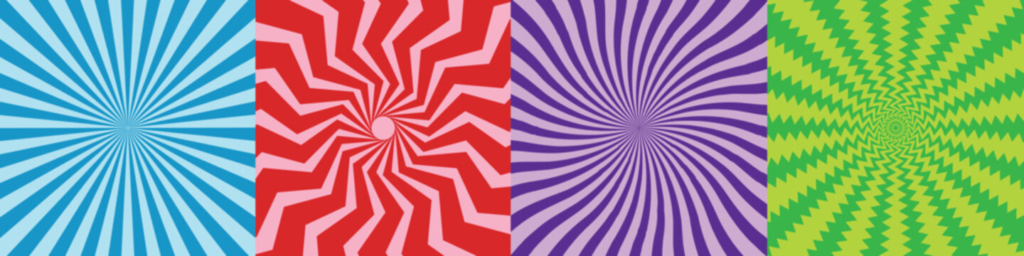 Colorful Sunburst Vector Background Set Retro Pop Art, Psychedelic Swirl & Spiral Optical Illusion Patterns, Abstract Radial Rays Collection for Design