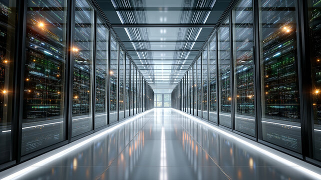 Digital Data Haven: A modern server room, showcasing advanced technology and data storage infrastructure with a sleek, minimalist design, reflecting the cutting edge of digital architecture.