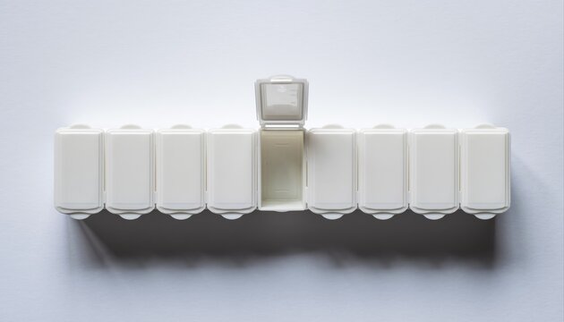 Extreme minimalist concept of a blank, white, empty weekly pill organizer shot from directly above.