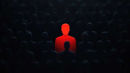 Obraz premium Lone figure in bright red standing out amongst a crowd of faceless silhouettes in a dark setting symbolizing individuality and the struggle for identity