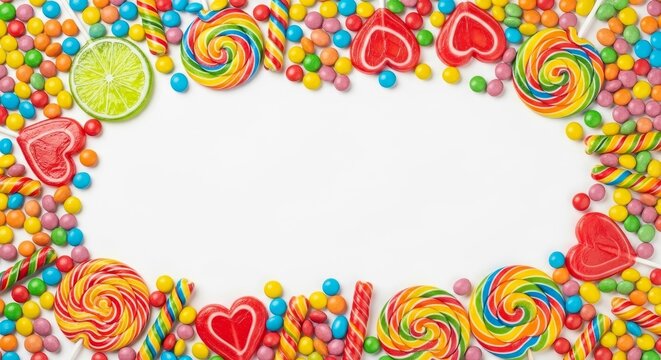 Vibrant assortment of colorful candies and lollipops creating a festive frame perfect for celebrations and sweet moments